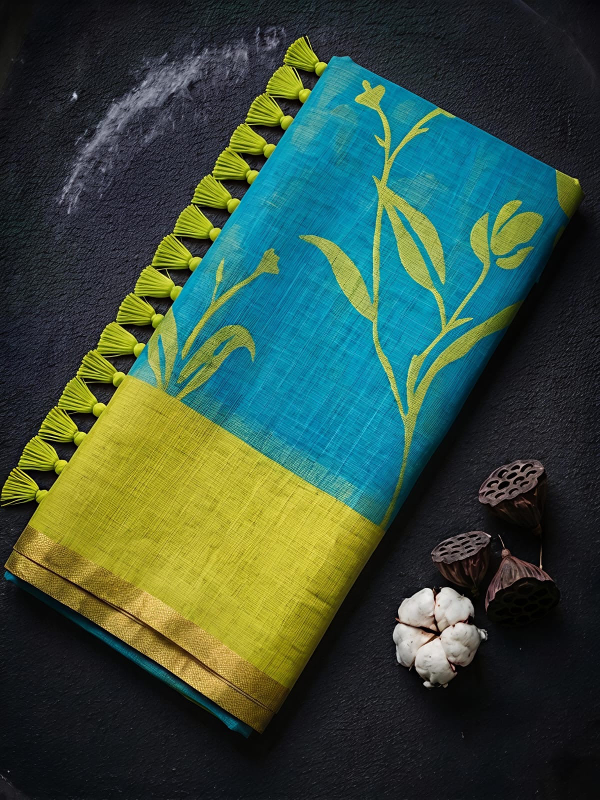Floral Blue Linen Cotton Sarees