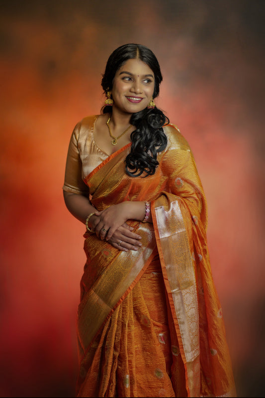 Banarasi crushed tissue saree Orange