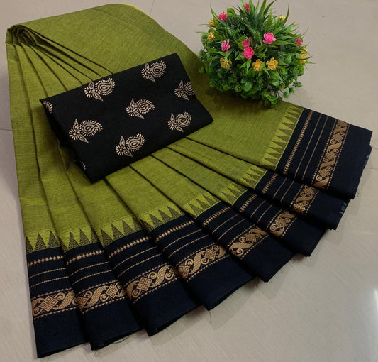 Sangita Chettinad Cotton sarees with blouse green and black