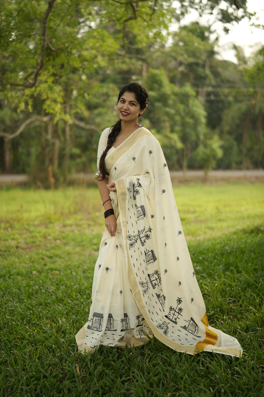 Kerala Village theme Design Kasavu Saree