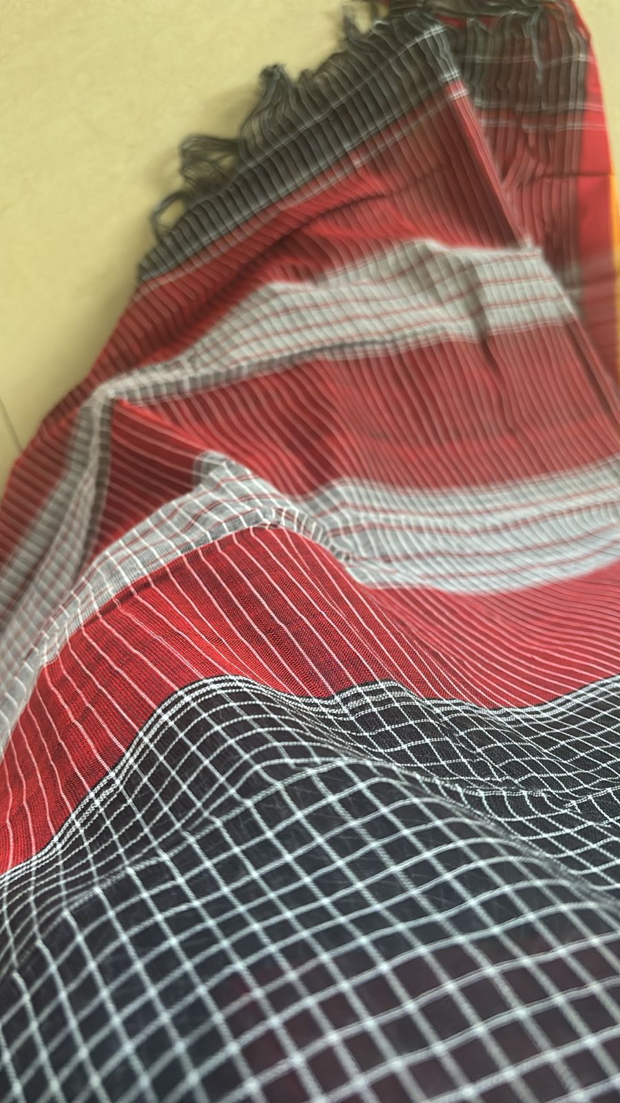 Patteda Aanchu handloom marked Sarees Black checks with orange and maroon border