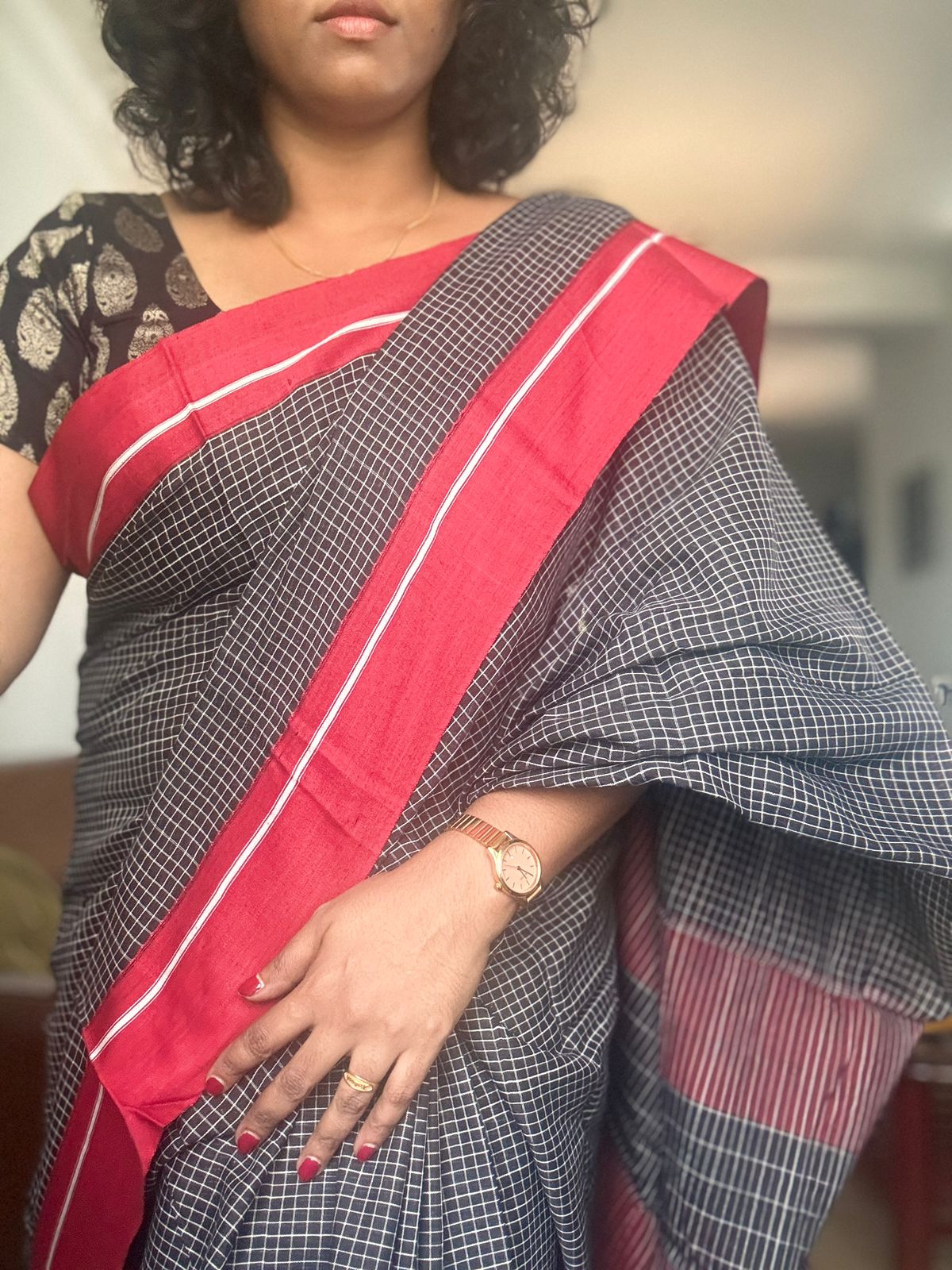 Patteda Aanchu black and maroon cotton  handloom marked Saree