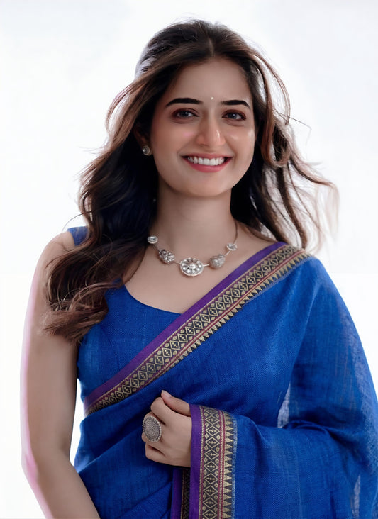 Festive Royal Blue Narayanpeth mercerised Cotton Saree