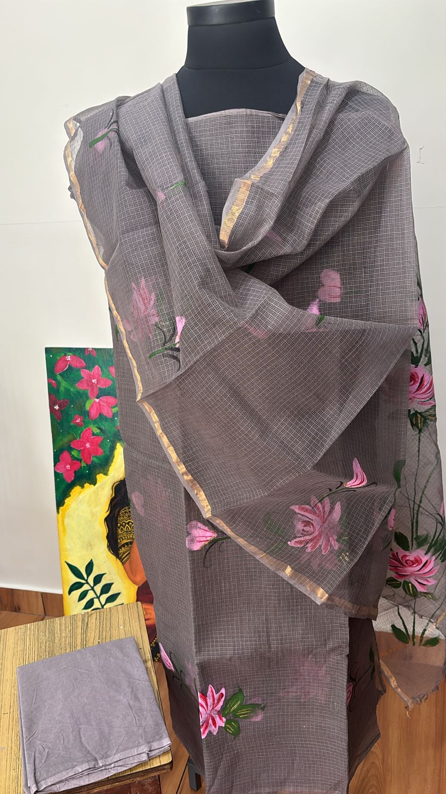 Handpainted Lotus Kota Doria Suit Set Unstitched