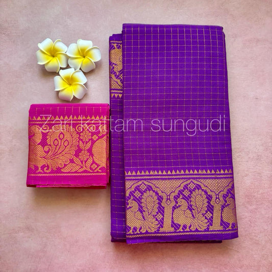 Sungudi Deep violet zari kattam pure cotton Saree with majenta Blouse piece