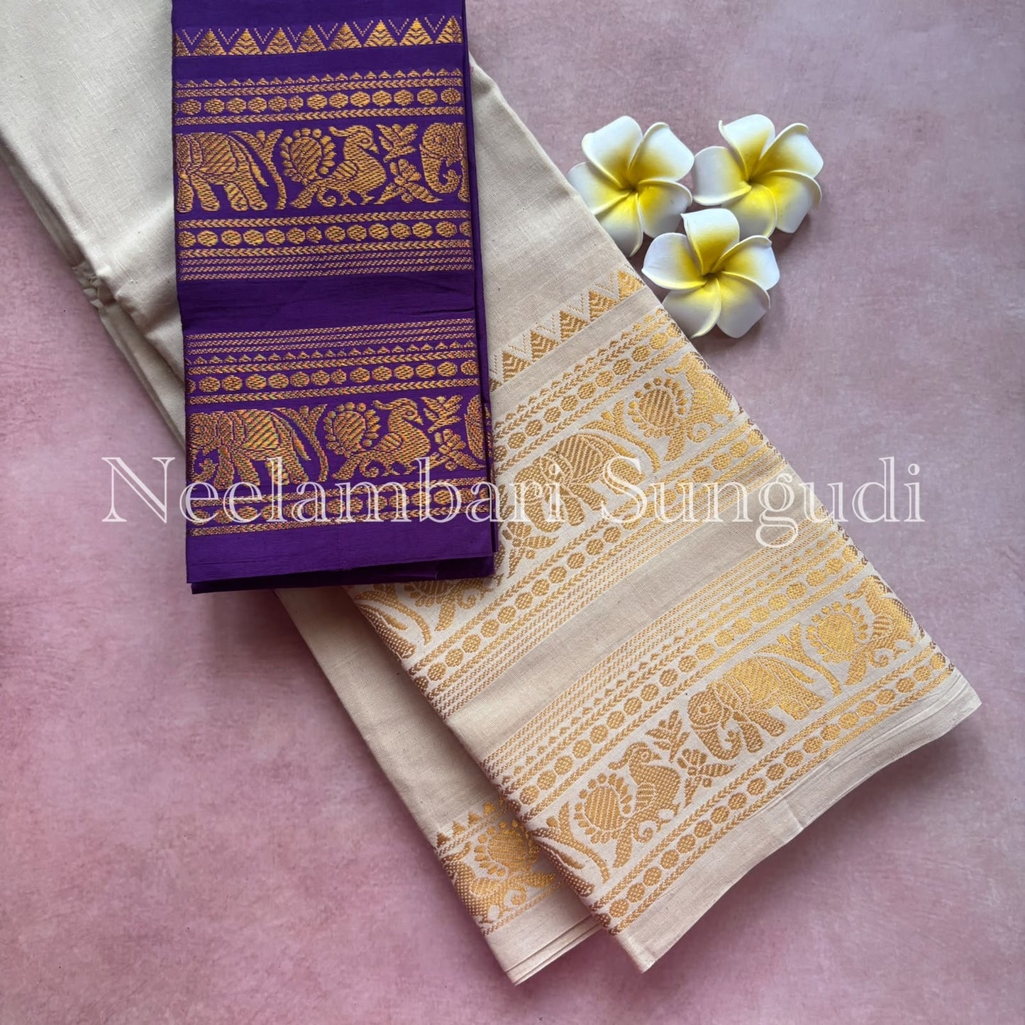 Sungudi handloom peacock double border off white saree with violet blouse