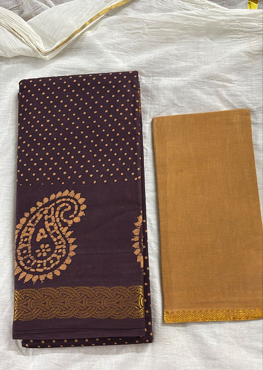 Wax batik sungudi cotton sarees brownish wine shade