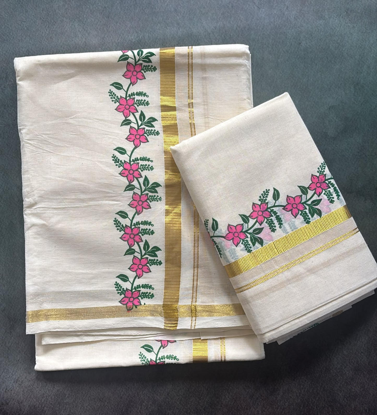 Kerala cotton kasavu Set Mundu with floral prints