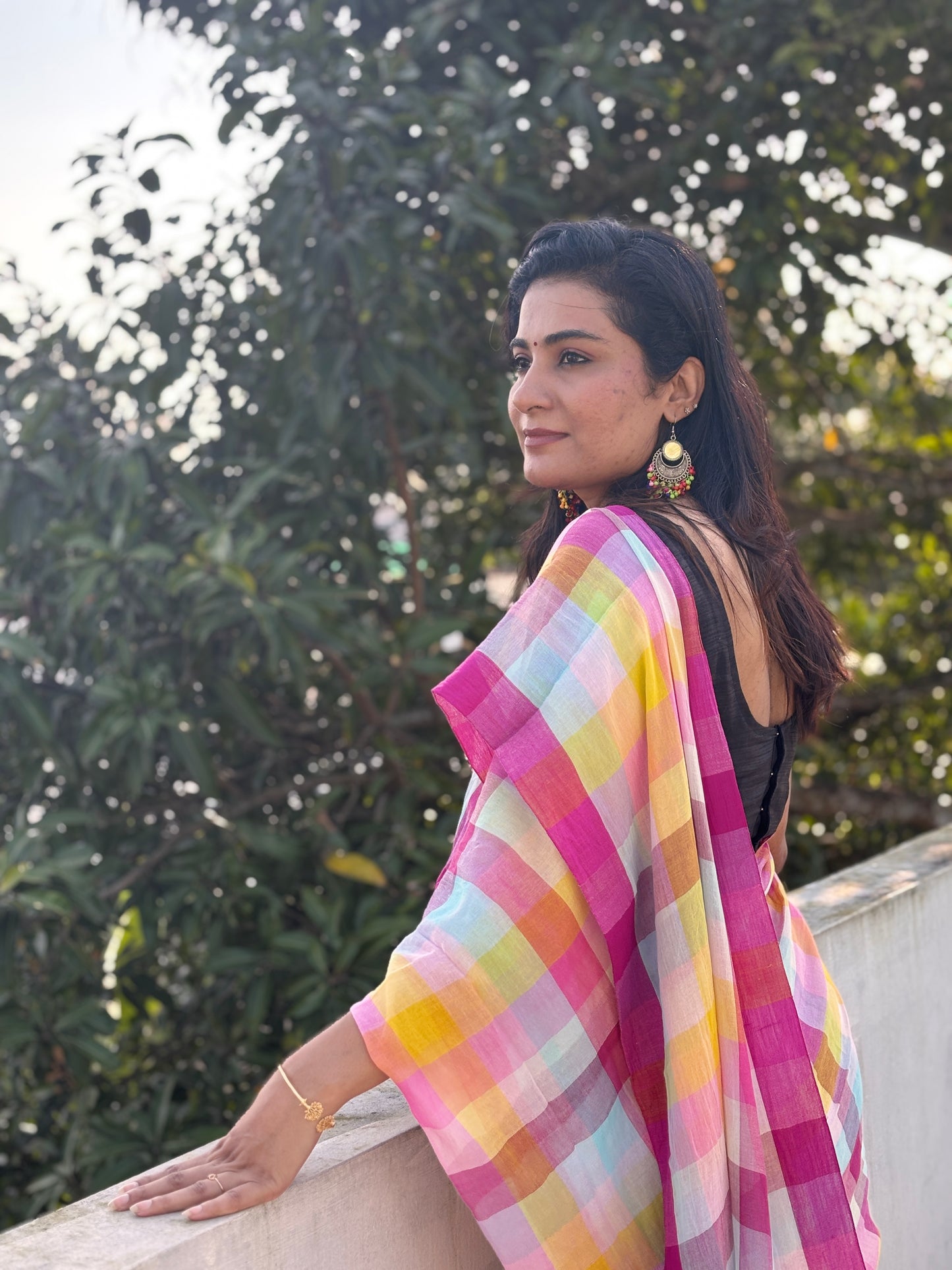 Handloom checked Multi colour mal cotton Saree