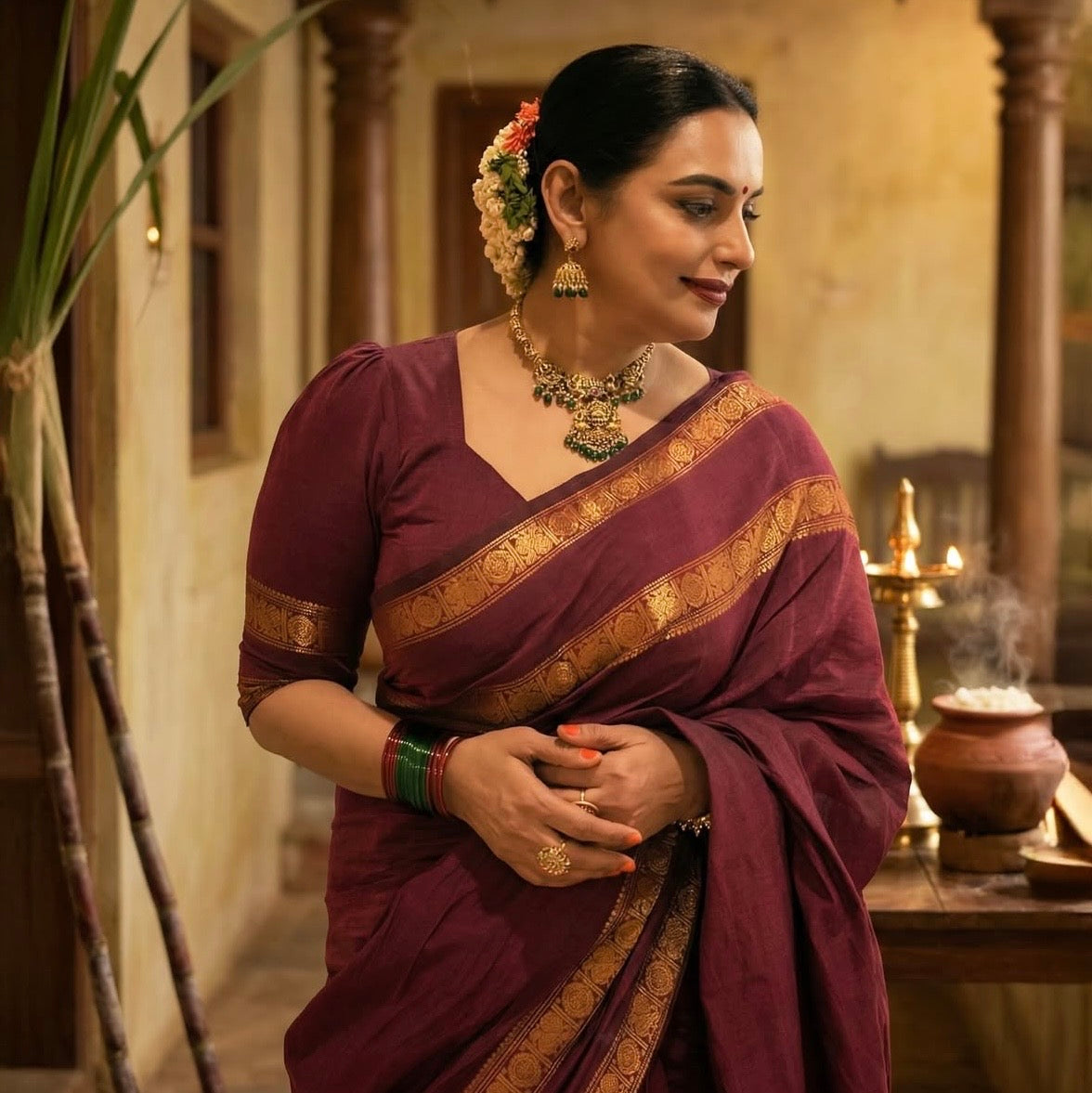 Vintage Chettinad Cotton saree with blouse Majenta Shwetha Maam’s Choice
