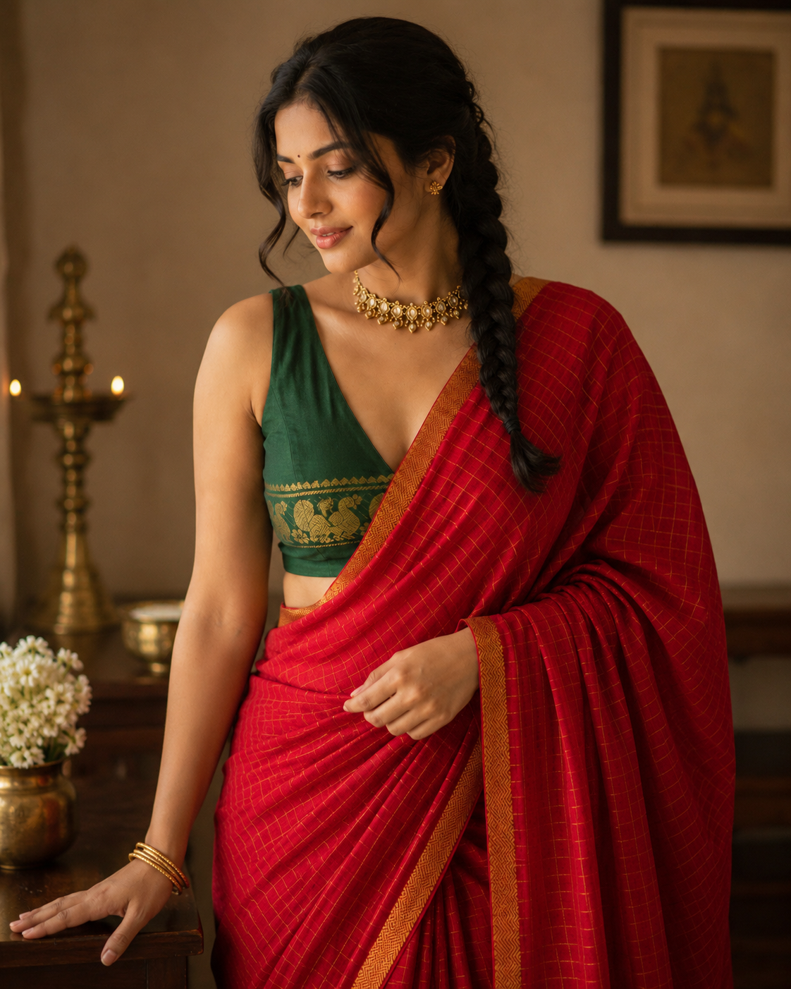Pentex border handloom Red Sungudi cotton saree with green blouse
