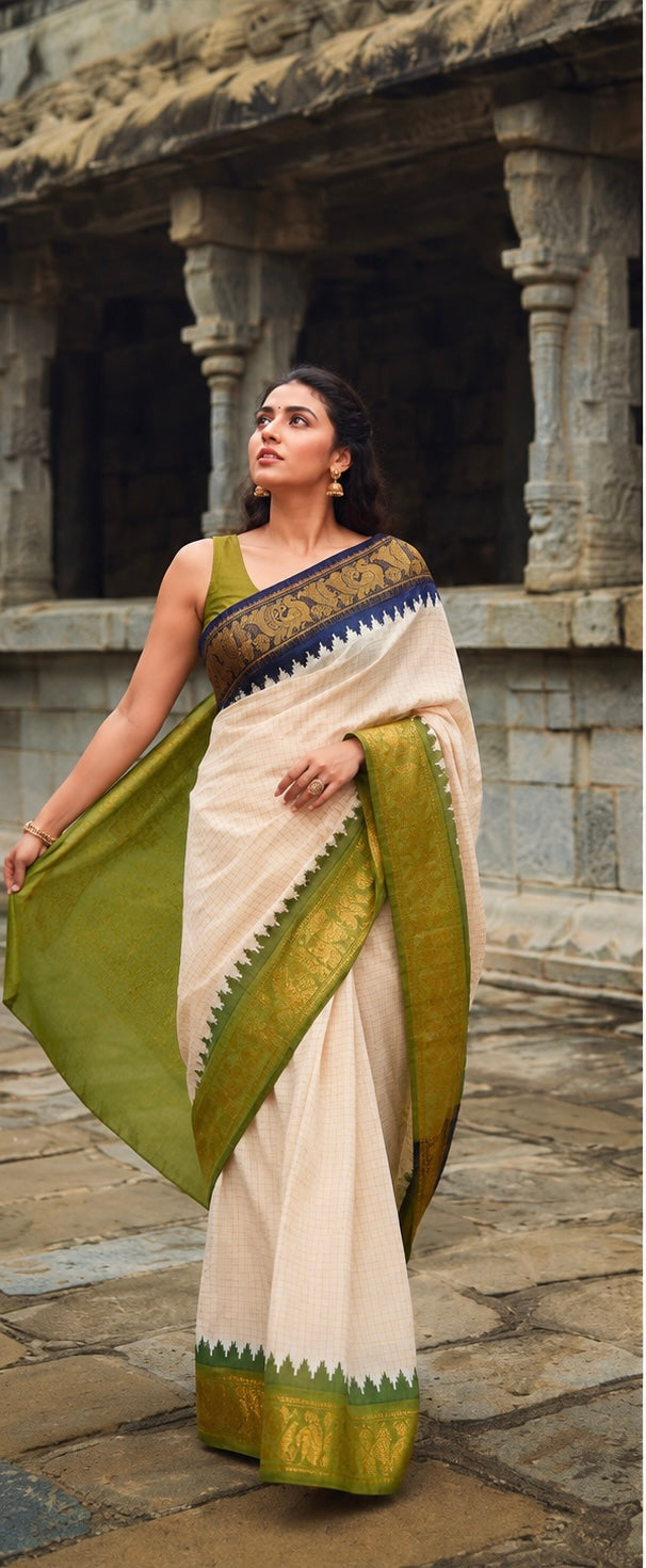 Ganga Jamuna Zari kattam Sungudi handloom cotton Saree green and violet