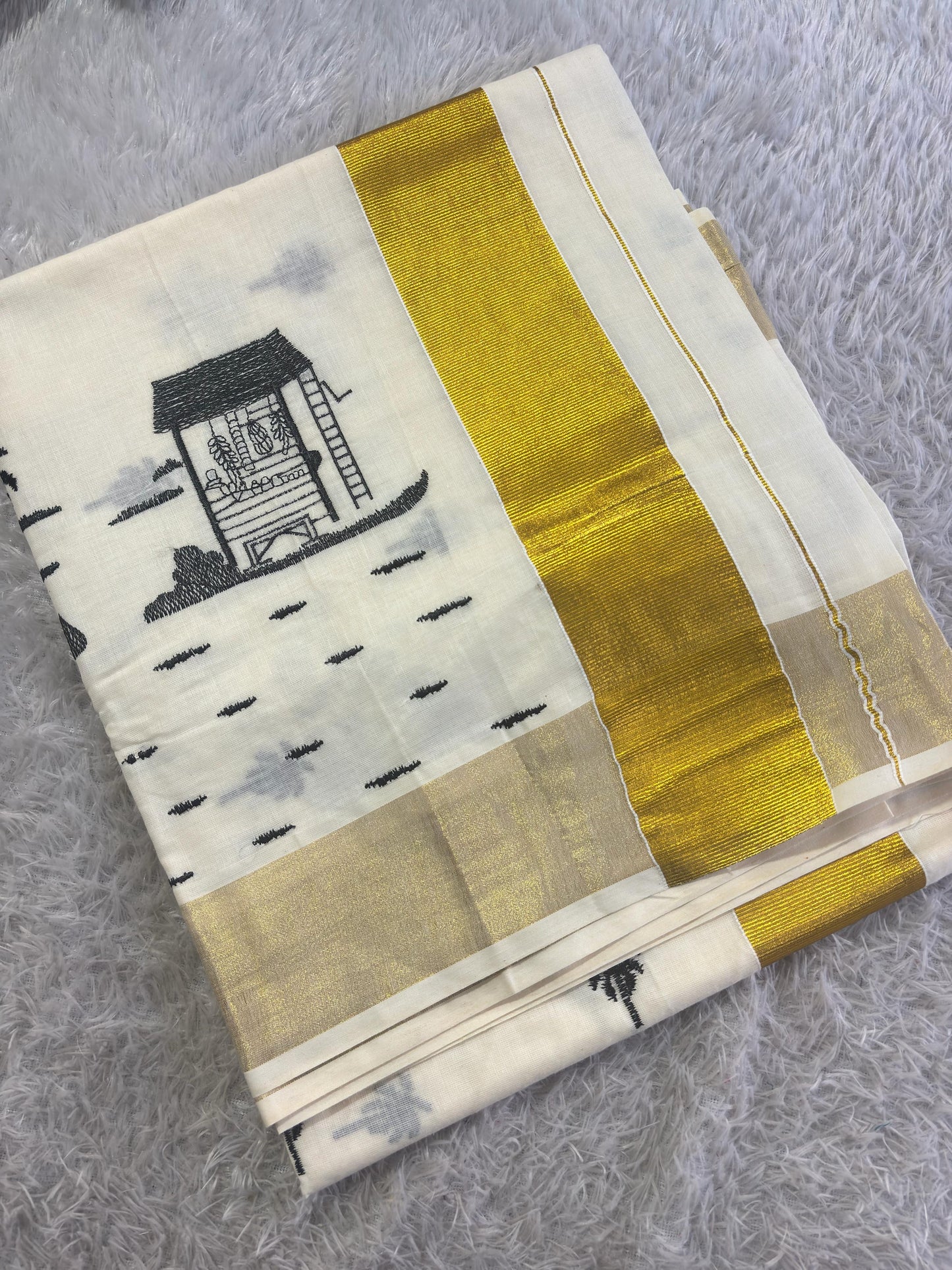 Kerala Village theme Design Kasavu Saree