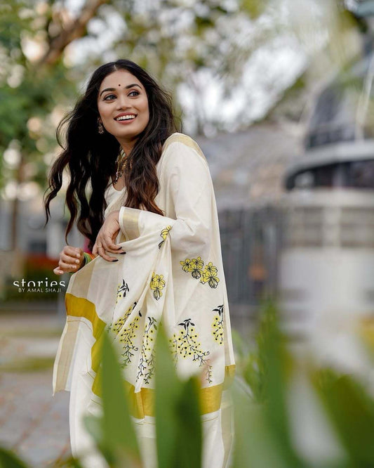 Kanikonna embroidered Kerala Vishu Saree