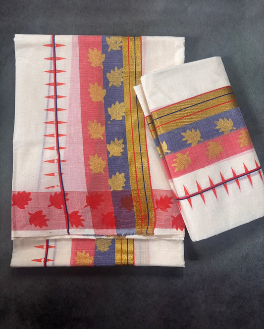Multicolour kasavu leaf foil pattern cotton Set Mundu