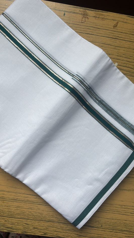 Heritage teal green silver border Bleached white cotton gents single Mundu Dhothi