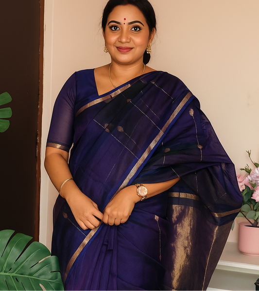 Kalyanika Maheshwari silk buti line saree in Navy blue
