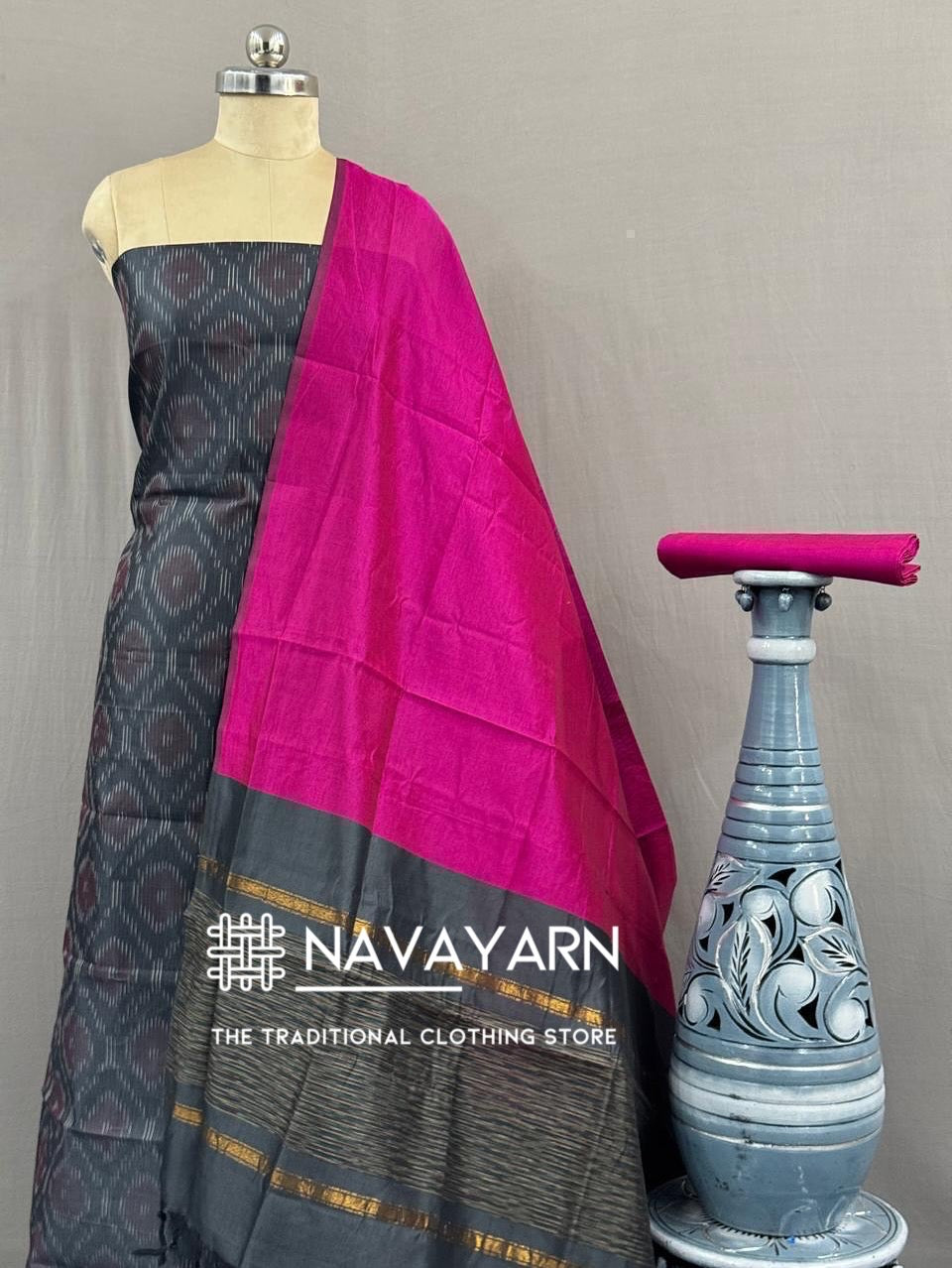 Pochampally Ikkat silk mix Suit materials Unstitched Grey and Pink