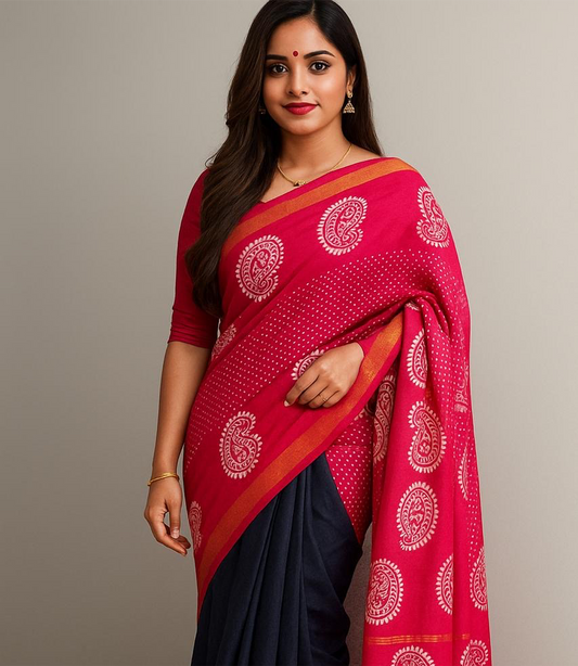 Tarangini Sungudi Fusion saree navy blue and wax batik Rani pink