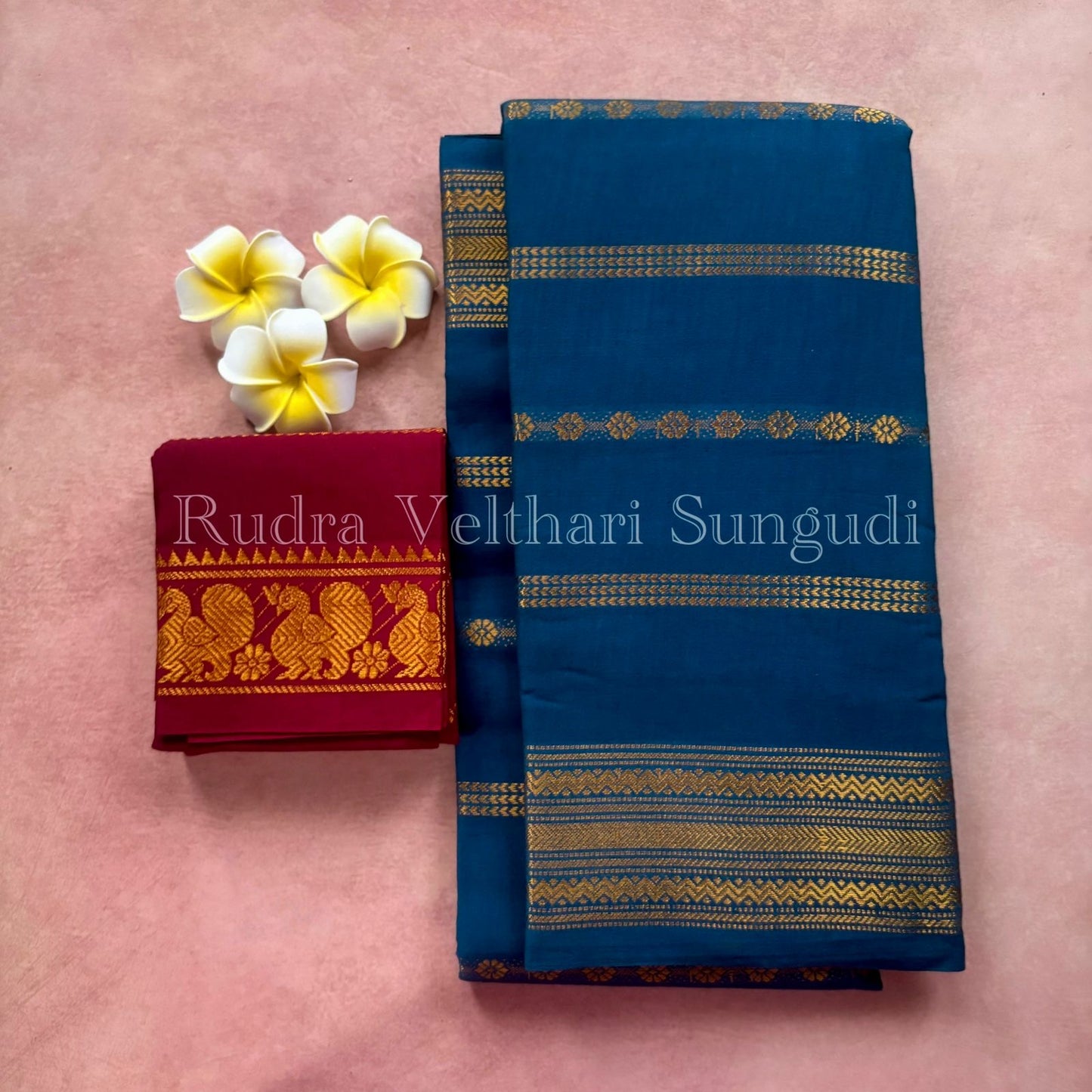Rudraksha Velthari blue n maroon Sungudi handloom cotton Saree