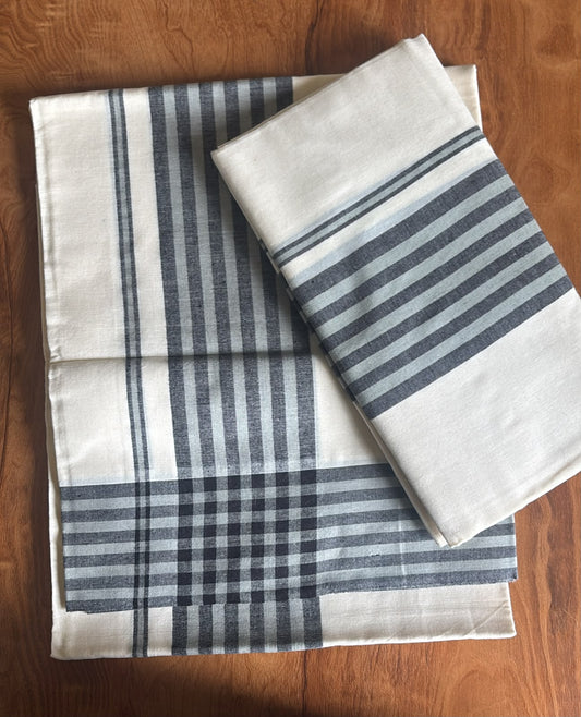Black and grey stripes mulloth daily wear Cotton Set Mundu