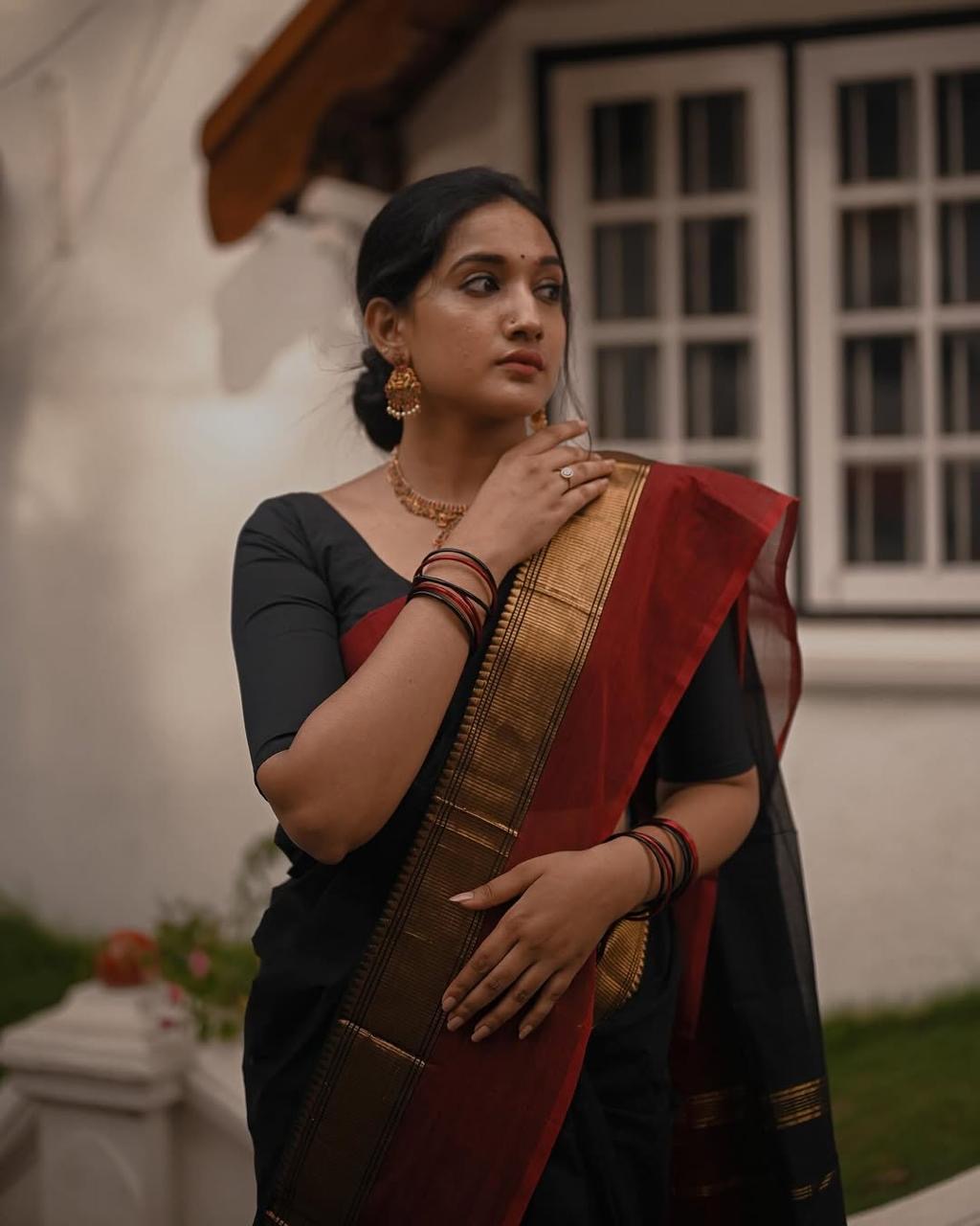 Sangita Vintage pattern Chettinad cotton saree black and maroon