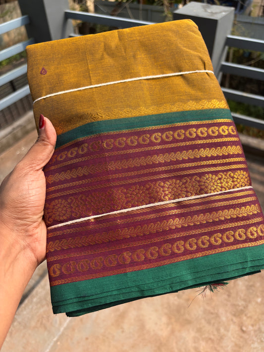 Sangita kanchi cotton saree mustard yellow with contrast border and buttas
