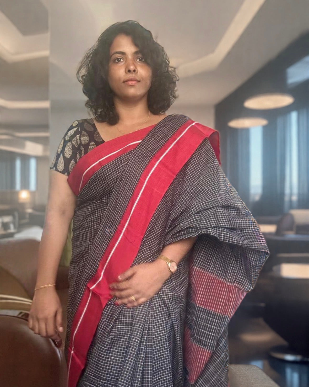Patteda Aanchu black and maroon cotton  handloom marked Saree