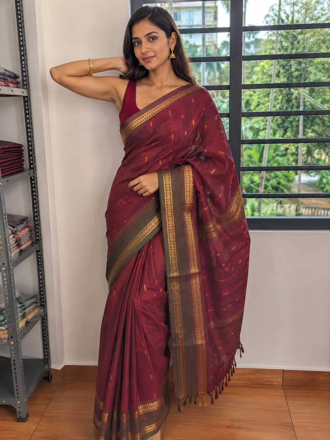 Vintage maroon Kanchi cotton saree with contrast border and buttas