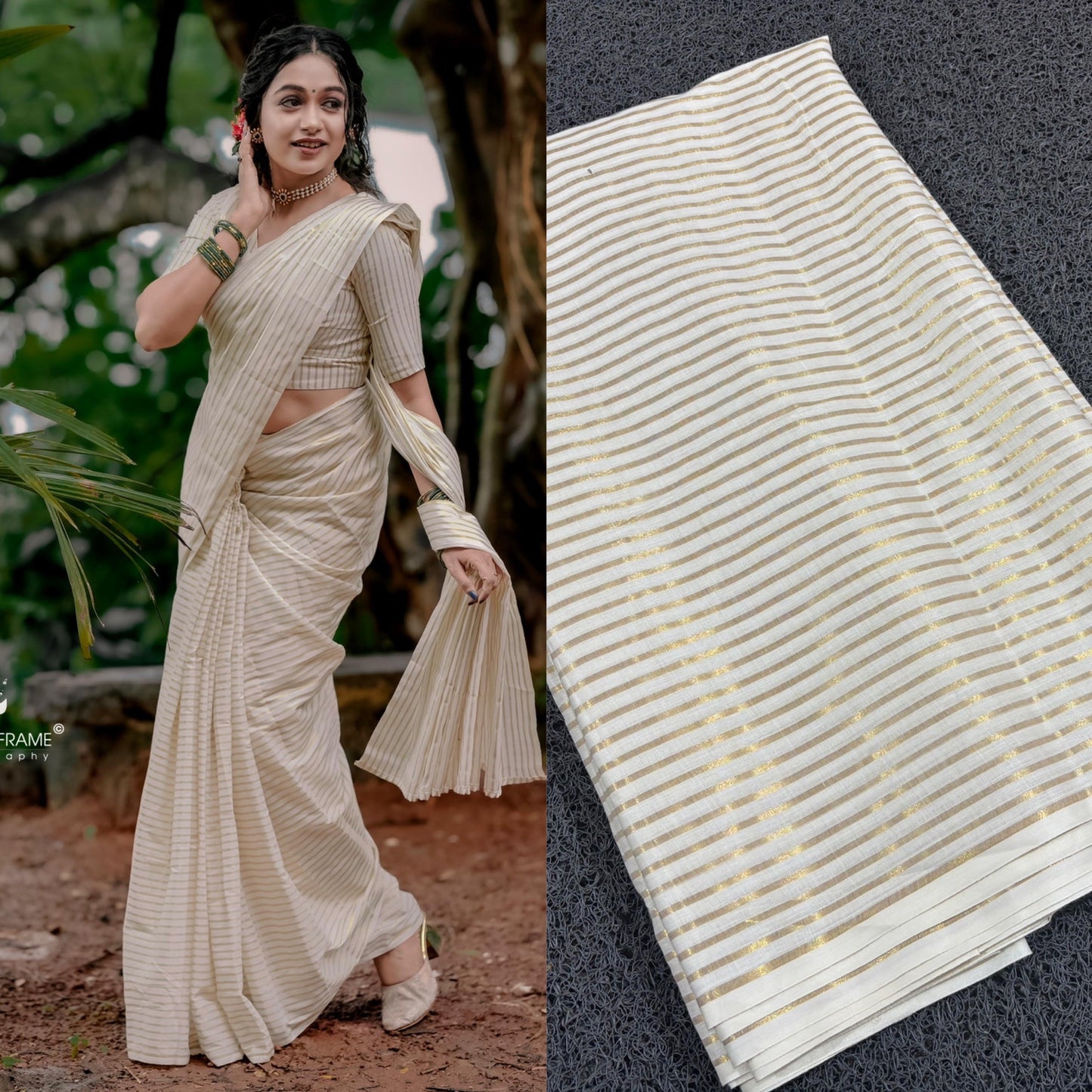 Micro Stripes Kasavu Saree with Blouse