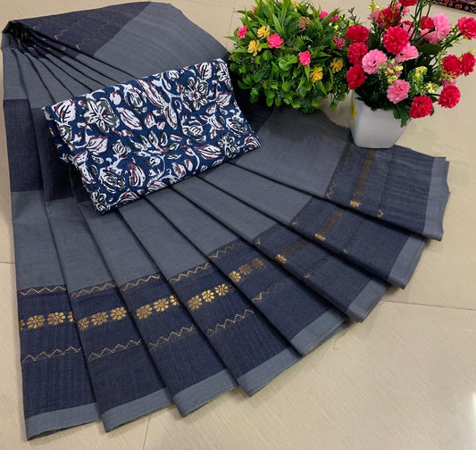 Sangita Chettinad cotton saree with printed blouse grey