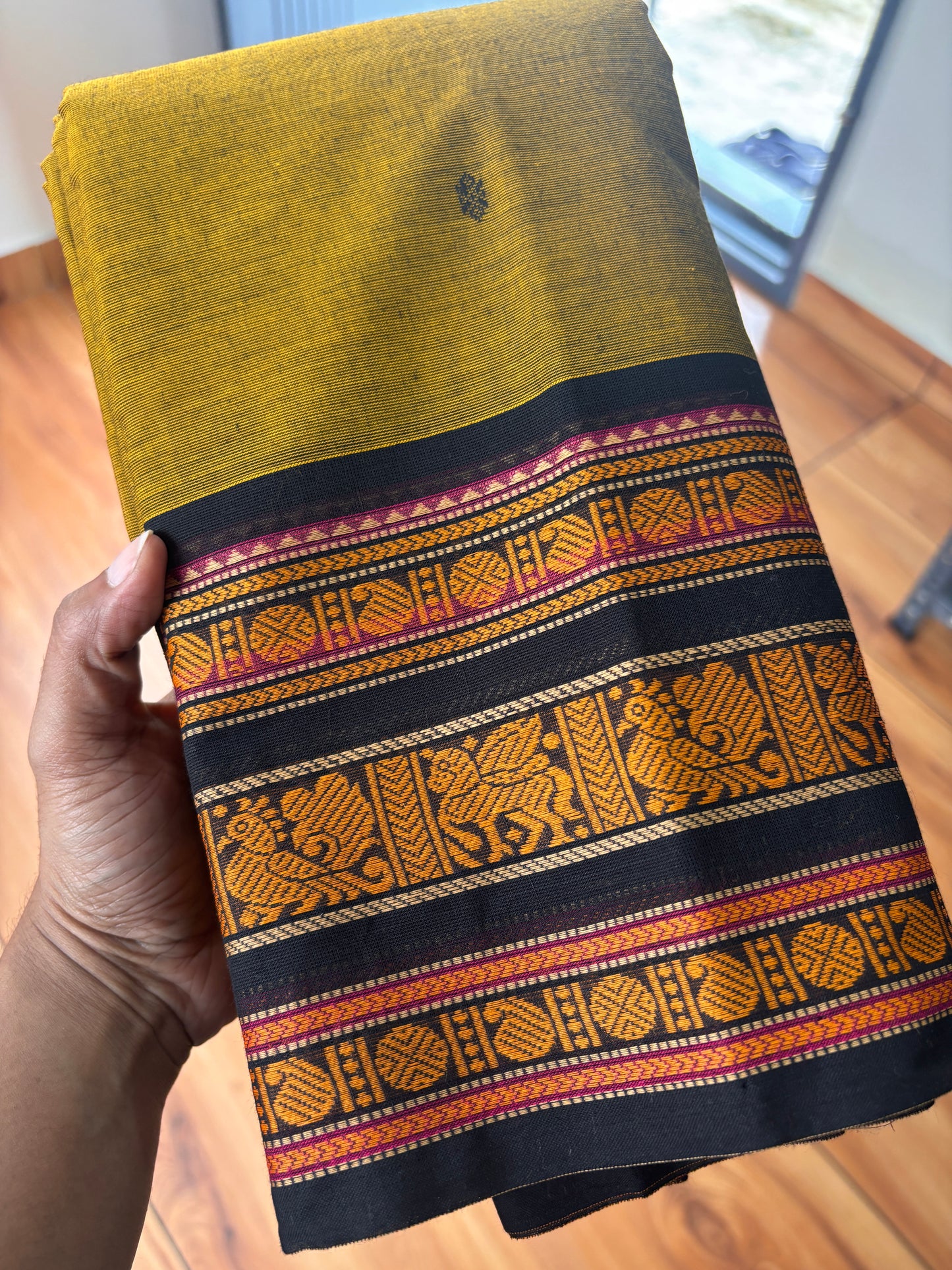Mustard yellow thread border Kanchi cotton butta Saree with running blouse