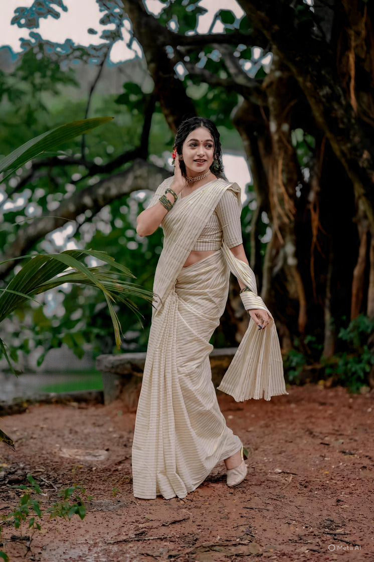 Micro Stripes Kasavu Saree with Blouse