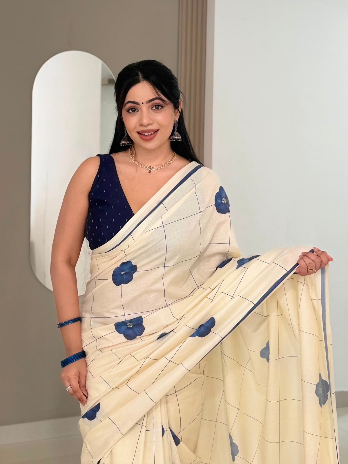 Indigo floral check Saree