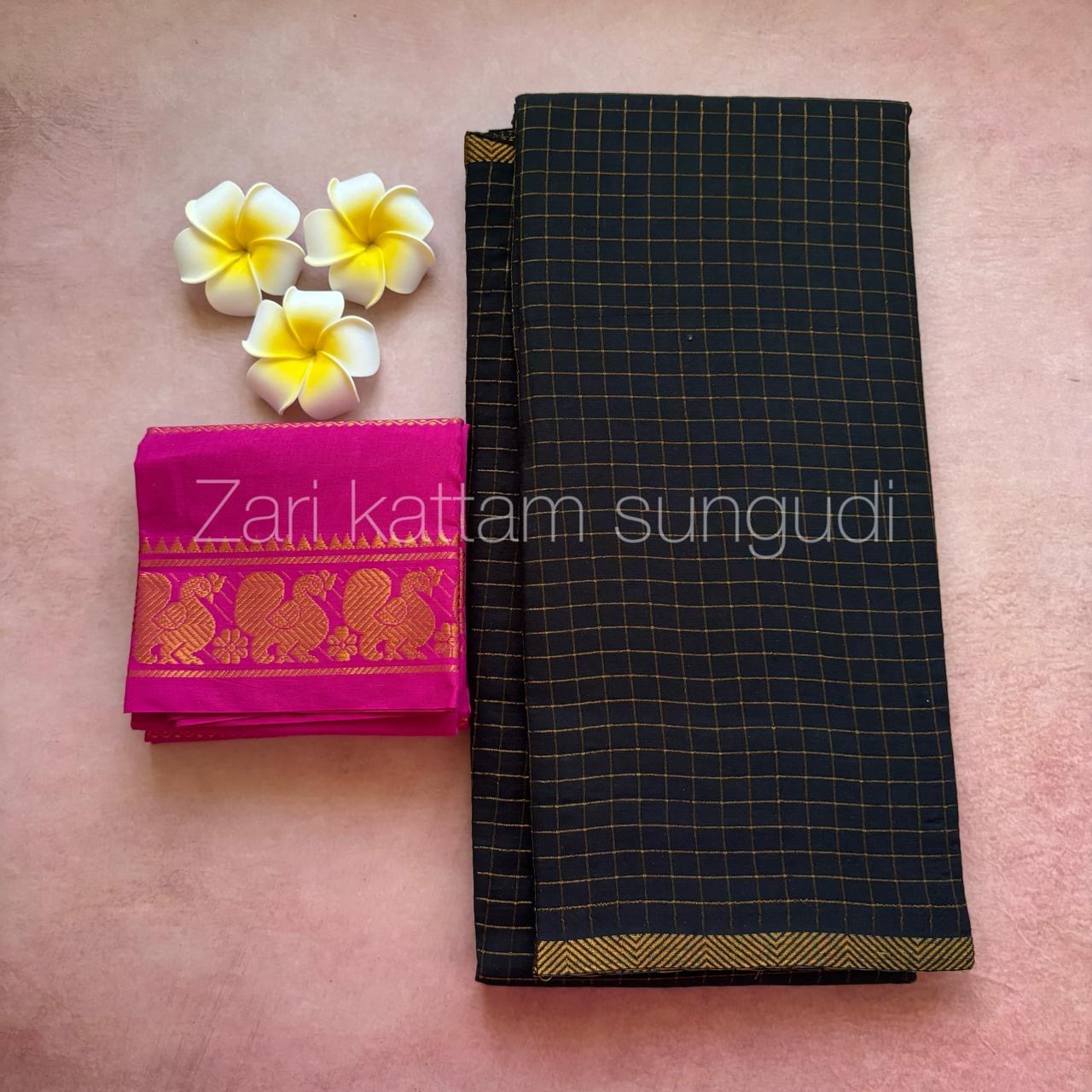 Black and pink combo micro checks pentex border Sungudi cotton Saree
