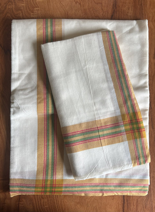 Mustard yellow border with green and red pattern daily wear mulloth set Mundu