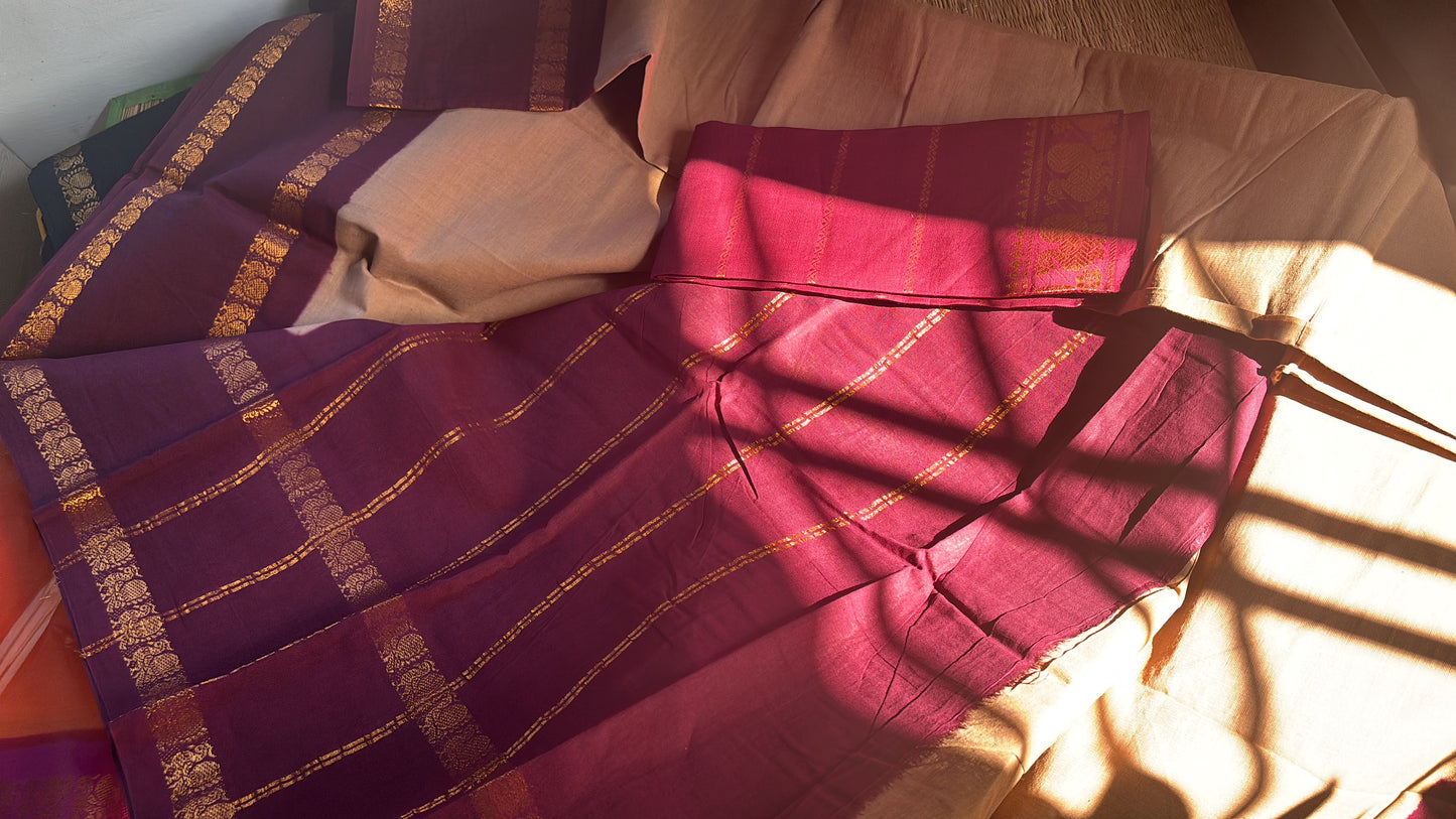Sungudi cotton retta petta Saree with contrast border and Pallu beige and maroon