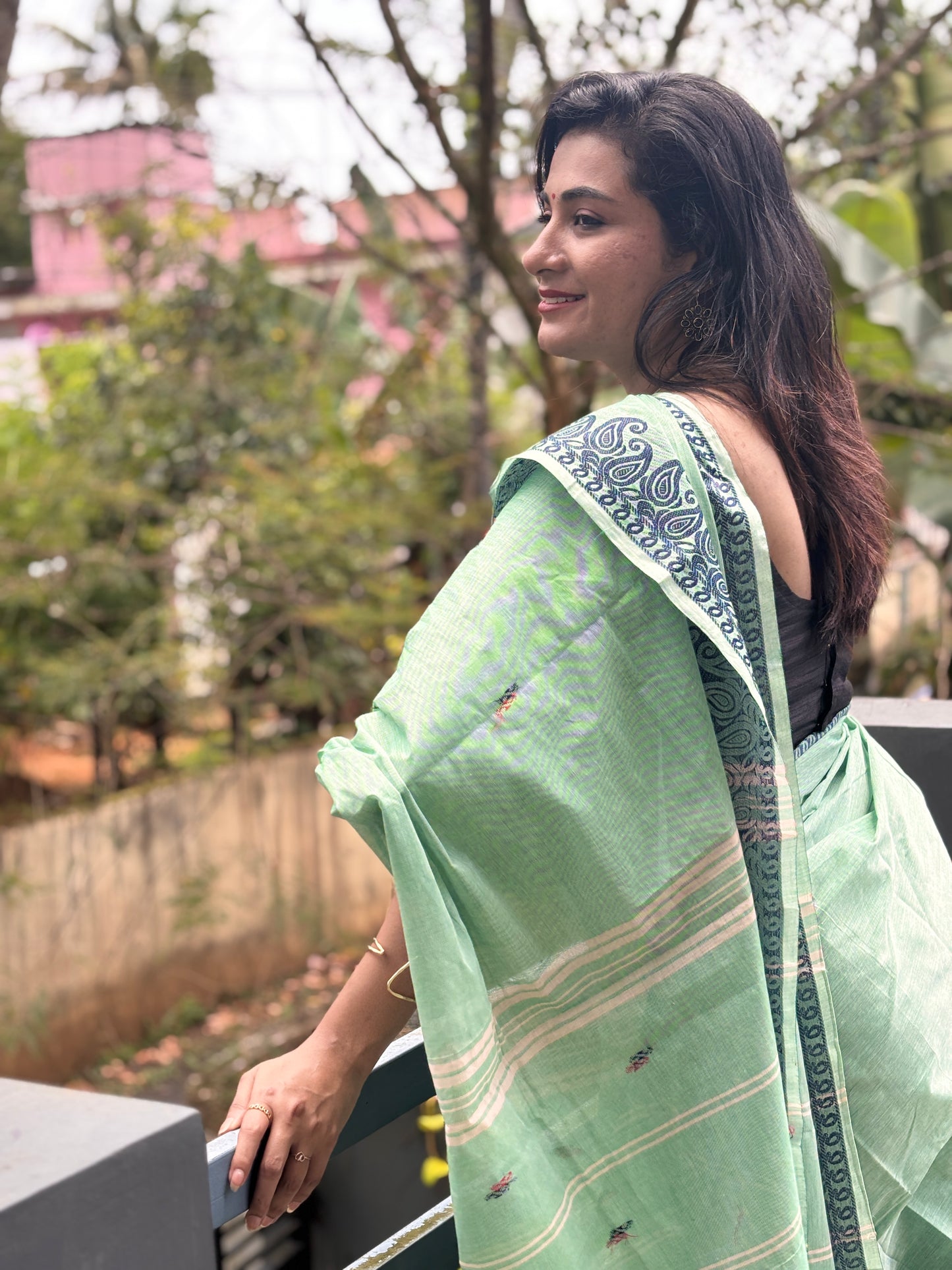 Sangita mango border pastel green Cotton Saree