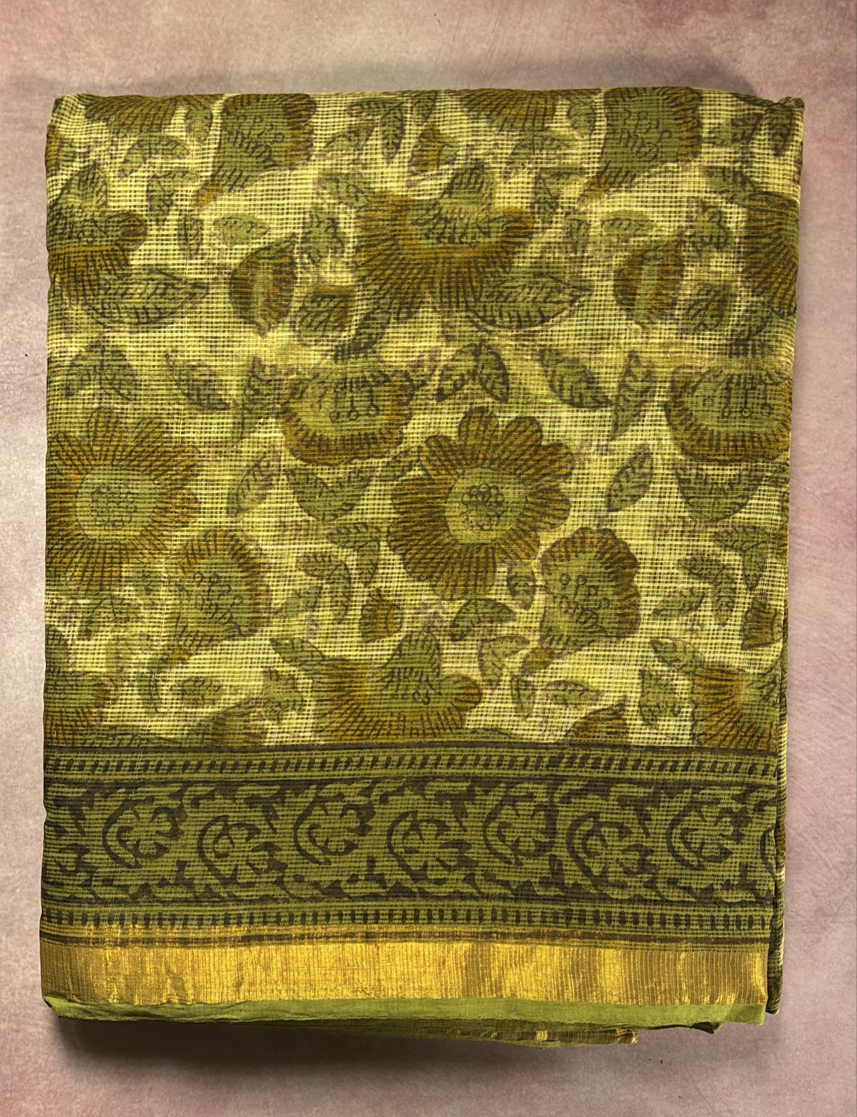 Kota doria Handblock printed sarees green flower design