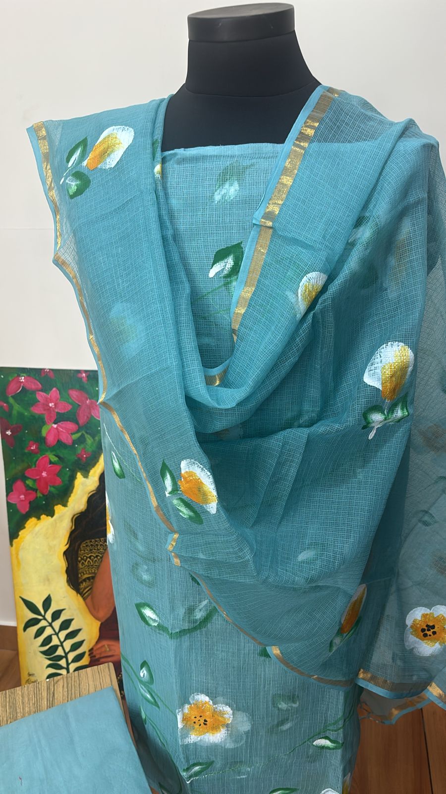Hand painted floral Kota Doria Suit Set Unstitched