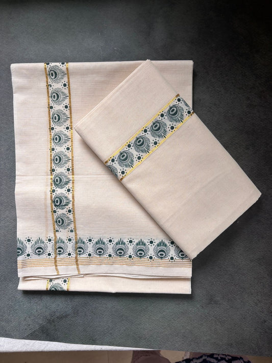 Sarvani Kerala Cotton aalila pattern Single Kasavu Set mundu (green)