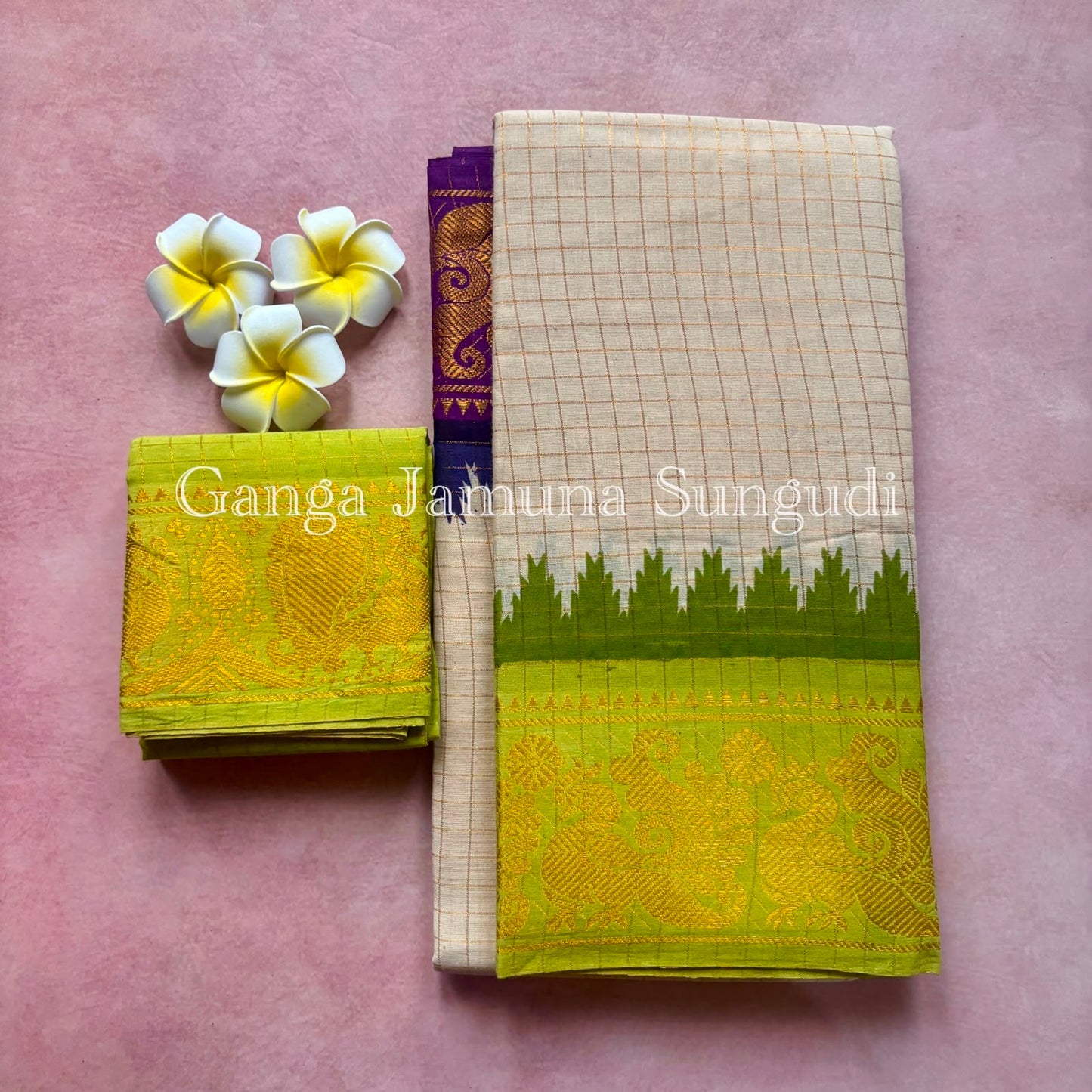 Ganga Jamuna Zari kattam Sungudi handloom cotton Saree green and violet