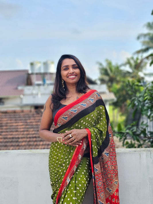 Modal silk Ajrakh block printed Hand Bhandej Sarees Green