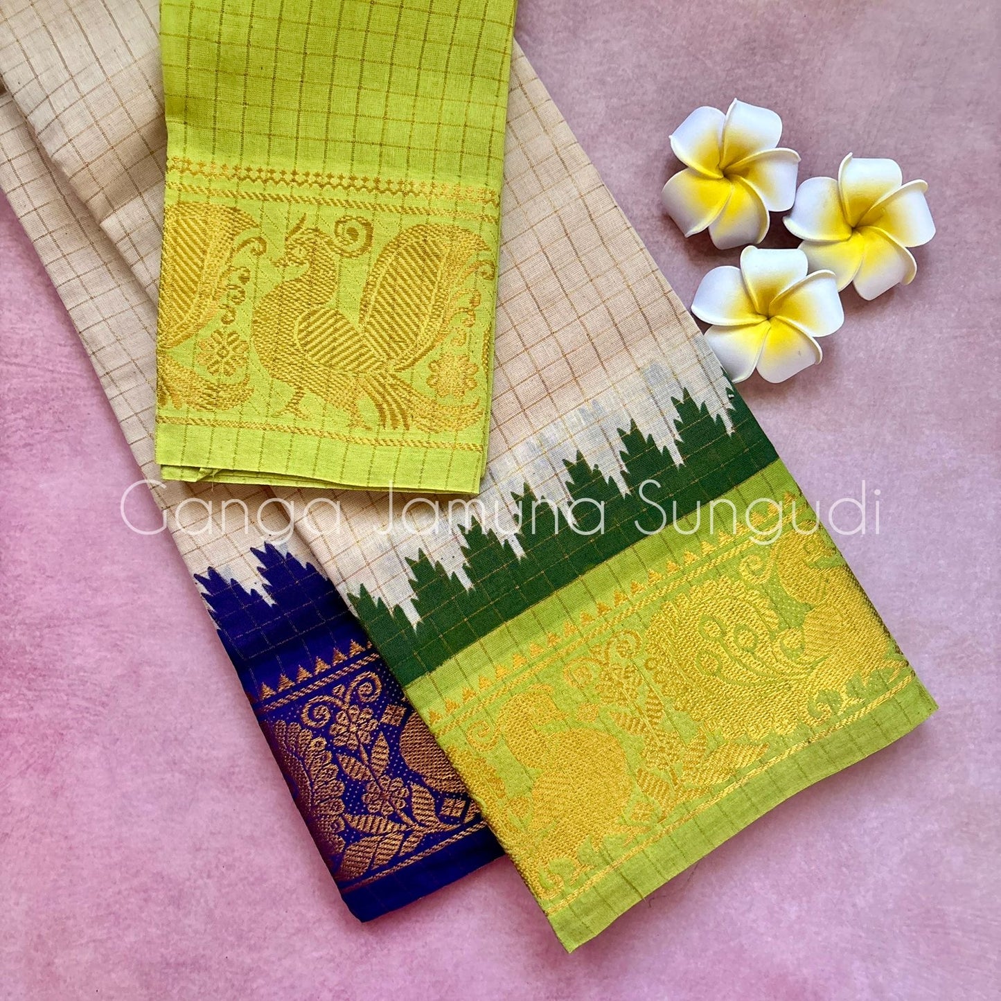 Tarangini Ganga jamuna beige zari kattam sungudi cotton saree violet and green temple borders with blouse piece