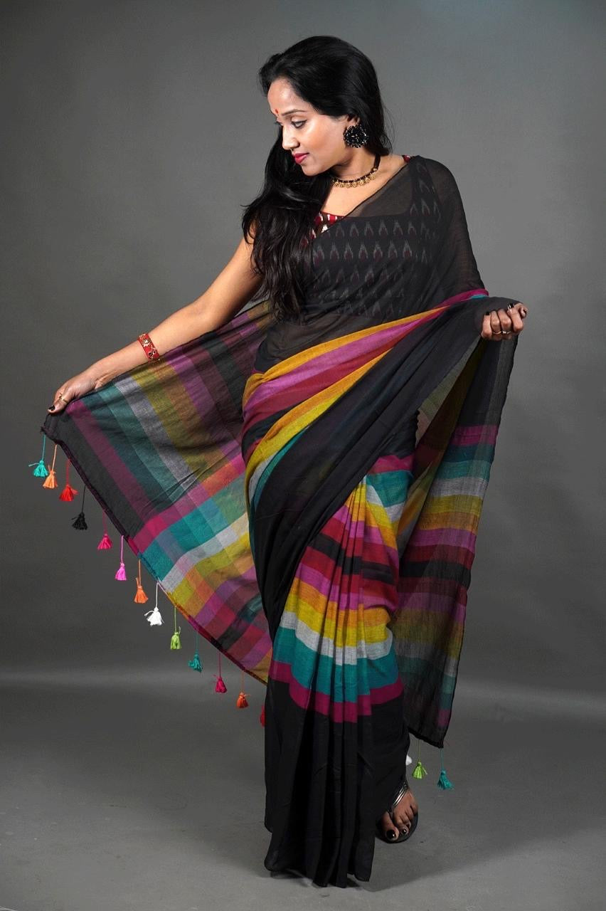 Navy blue Multi colour soft cotton Saree with tassels
