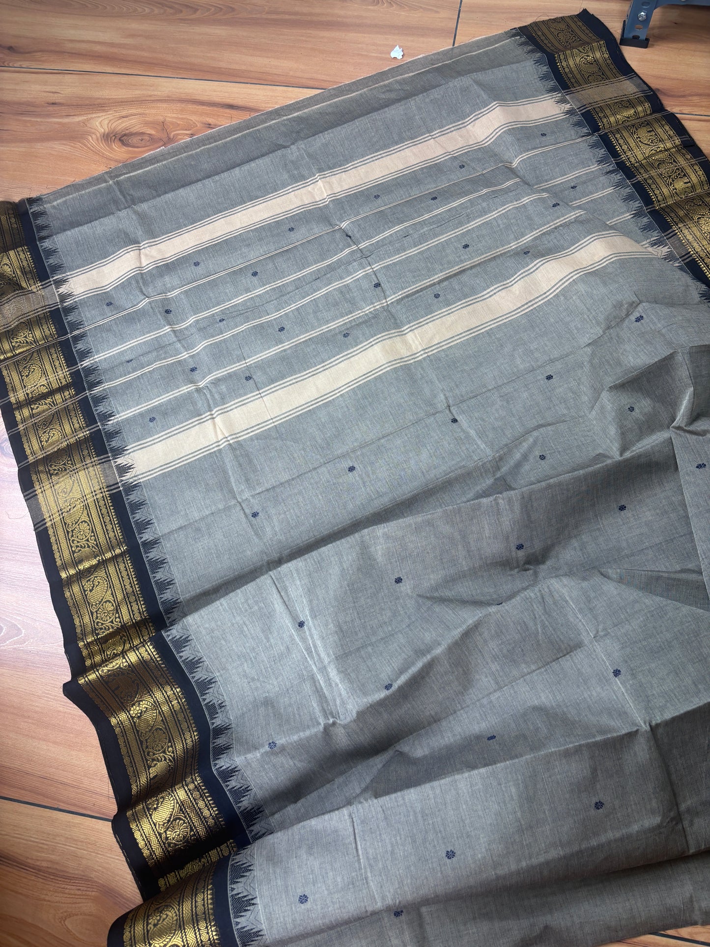 Grey black classic combo vintage Kanchi cotton Saree with buttas