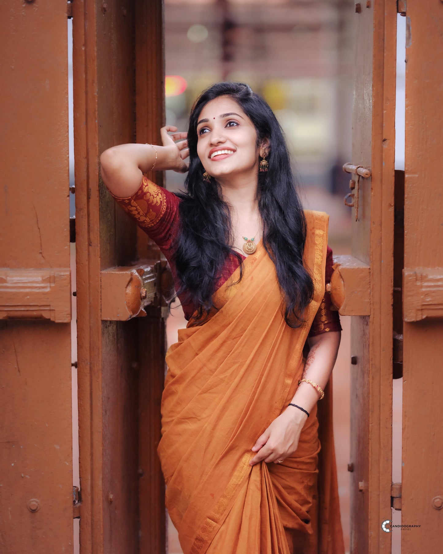 Pre order : Tarangini Handloom Sungudi Sarees Mustard yellow with contrast Maroon Blouse piece