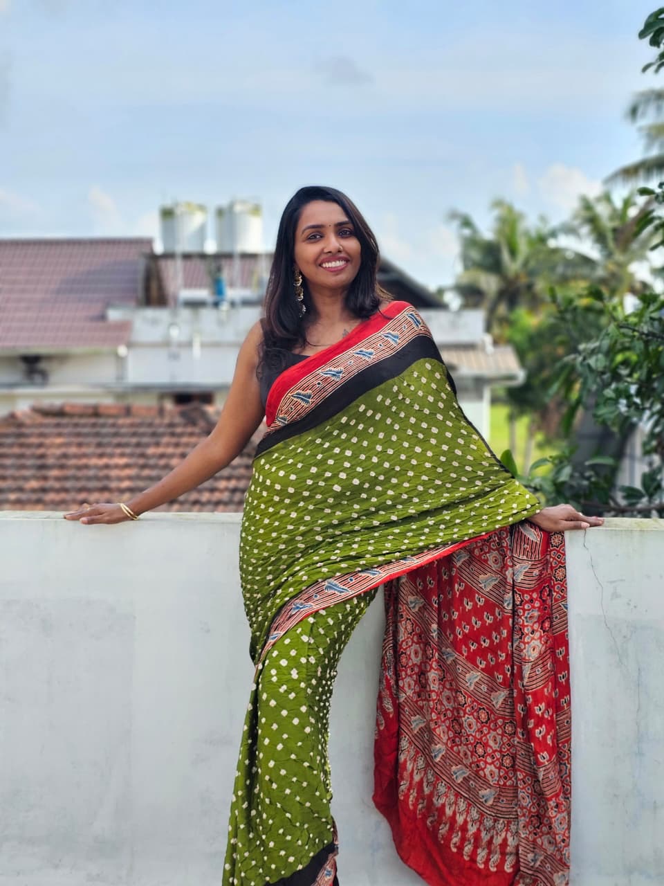 Modal silk Ajrakh block printed Hand Bhandej Sarees Green