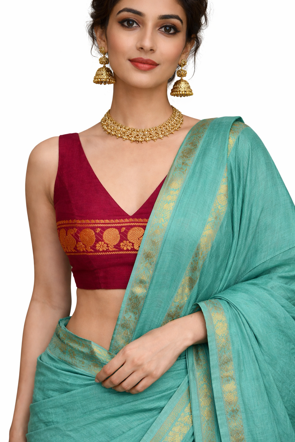 Sungudi handloom cotton Saree with  contrast maroon blouse
