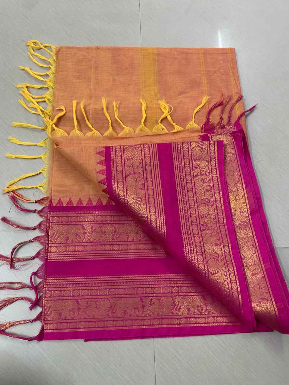 Chettinad Kanchi cotton Saree with blouse mango yellow majenta border